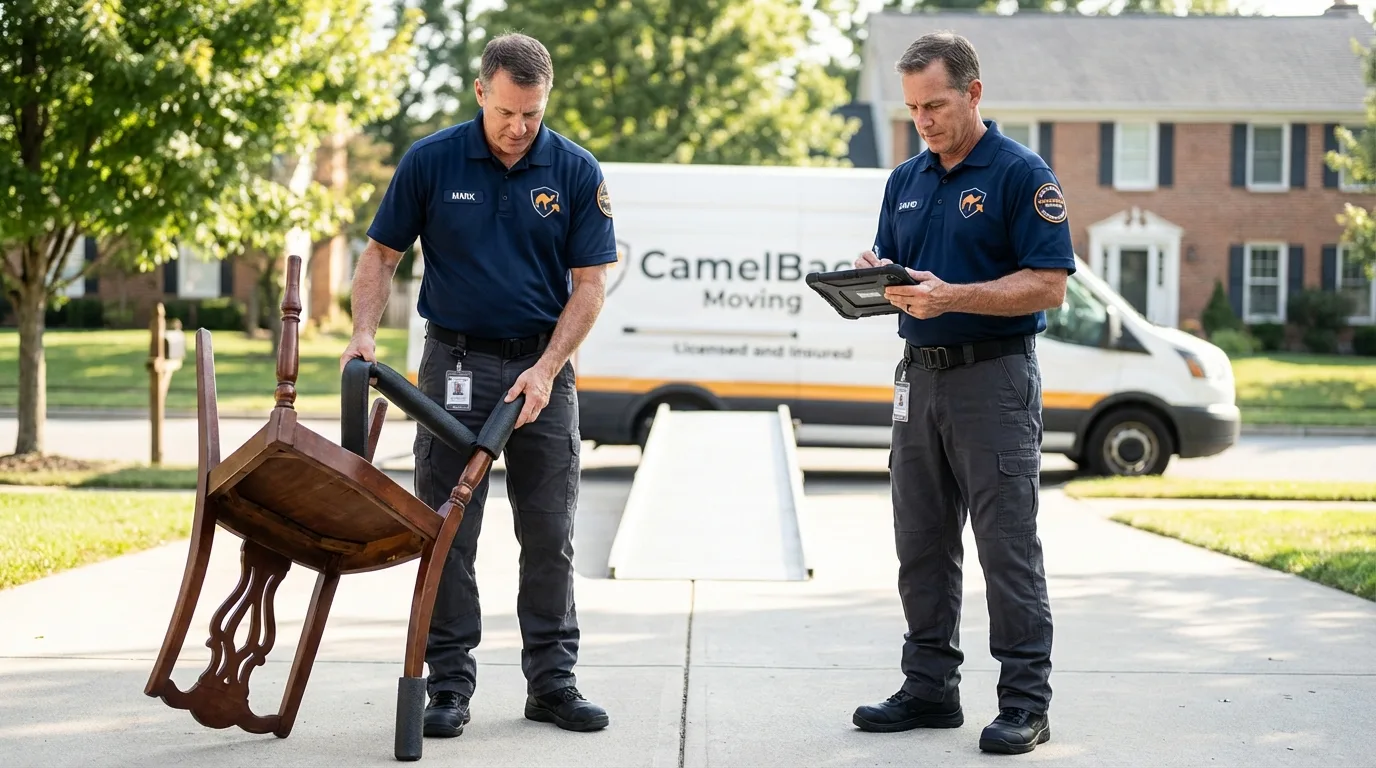 Movers inspecting furniture for damage prevention before loading in New London, CT