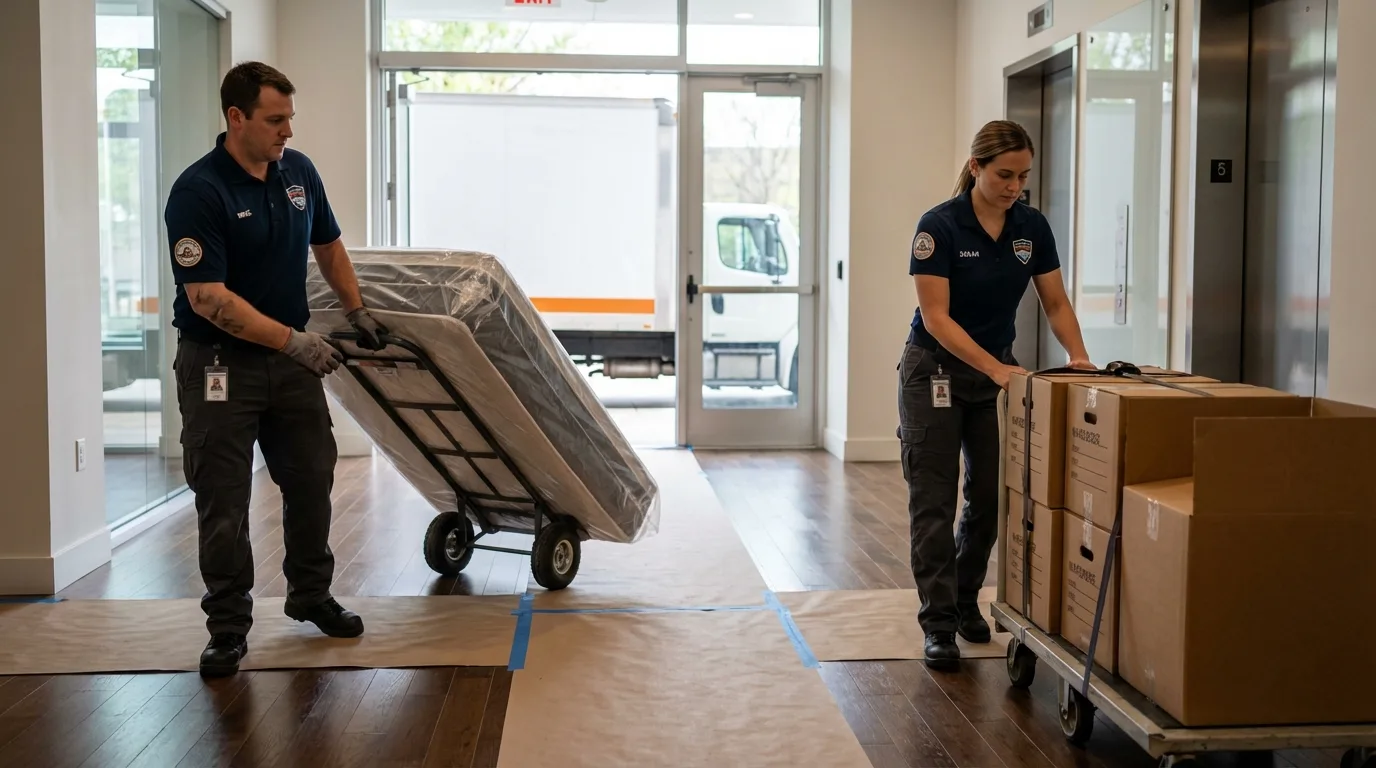 Professional apartment movers loading elevator in New London, CT