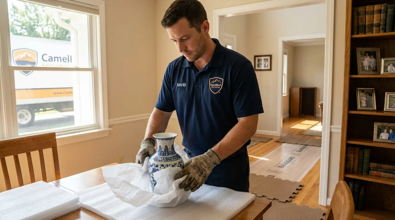 Professional crew carefully wrapping antique vase for senior downsizing move in New London, CT