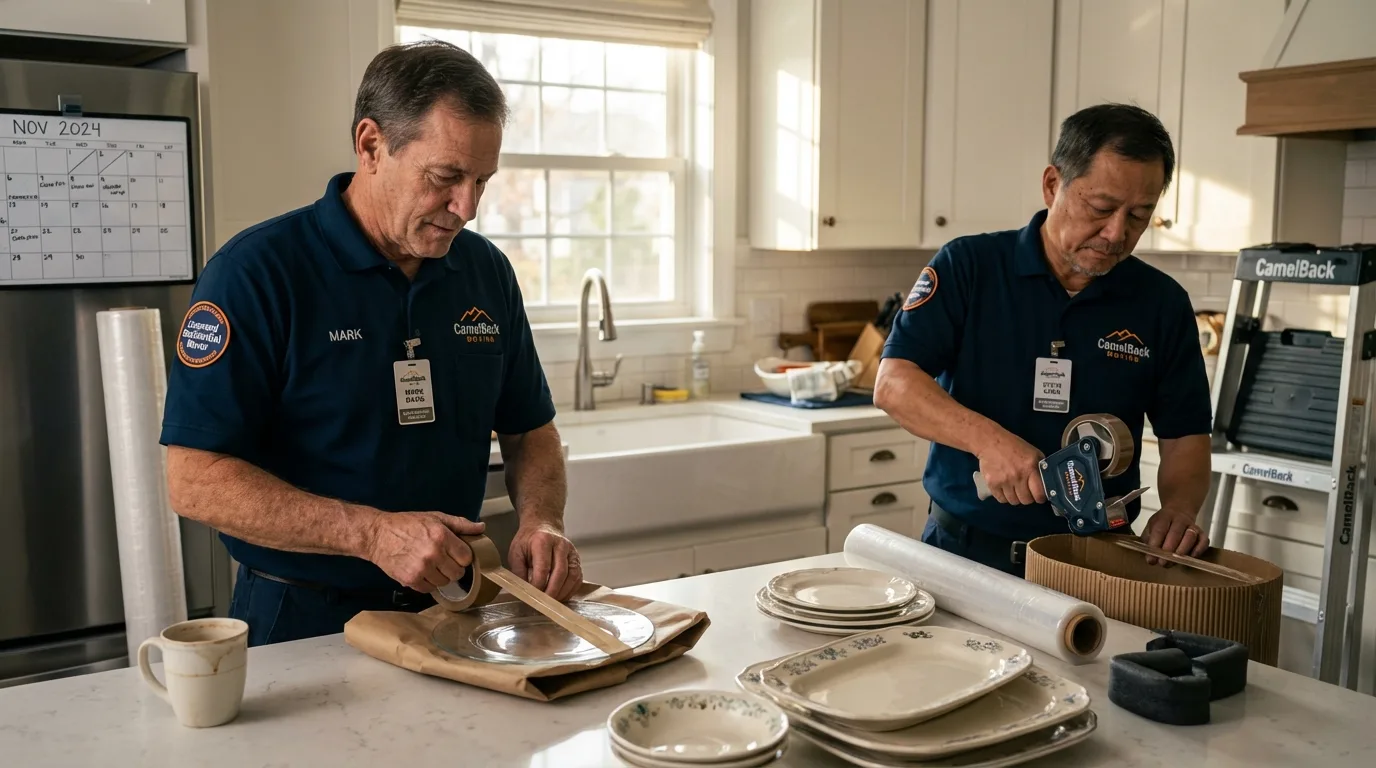 Professional crew packing kitchen dishware in New London, CT